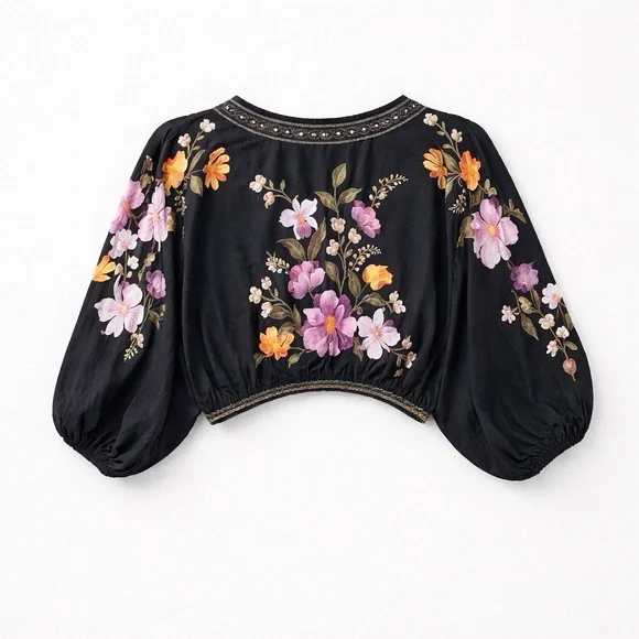 Beautiful!! FARM RIO Black Floral Cropped Batwing Sleeve Blouse 100% Viscose - Picture 2 of 5